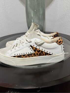 Zara White Sneakers with Leopard Print and Silver Studs
